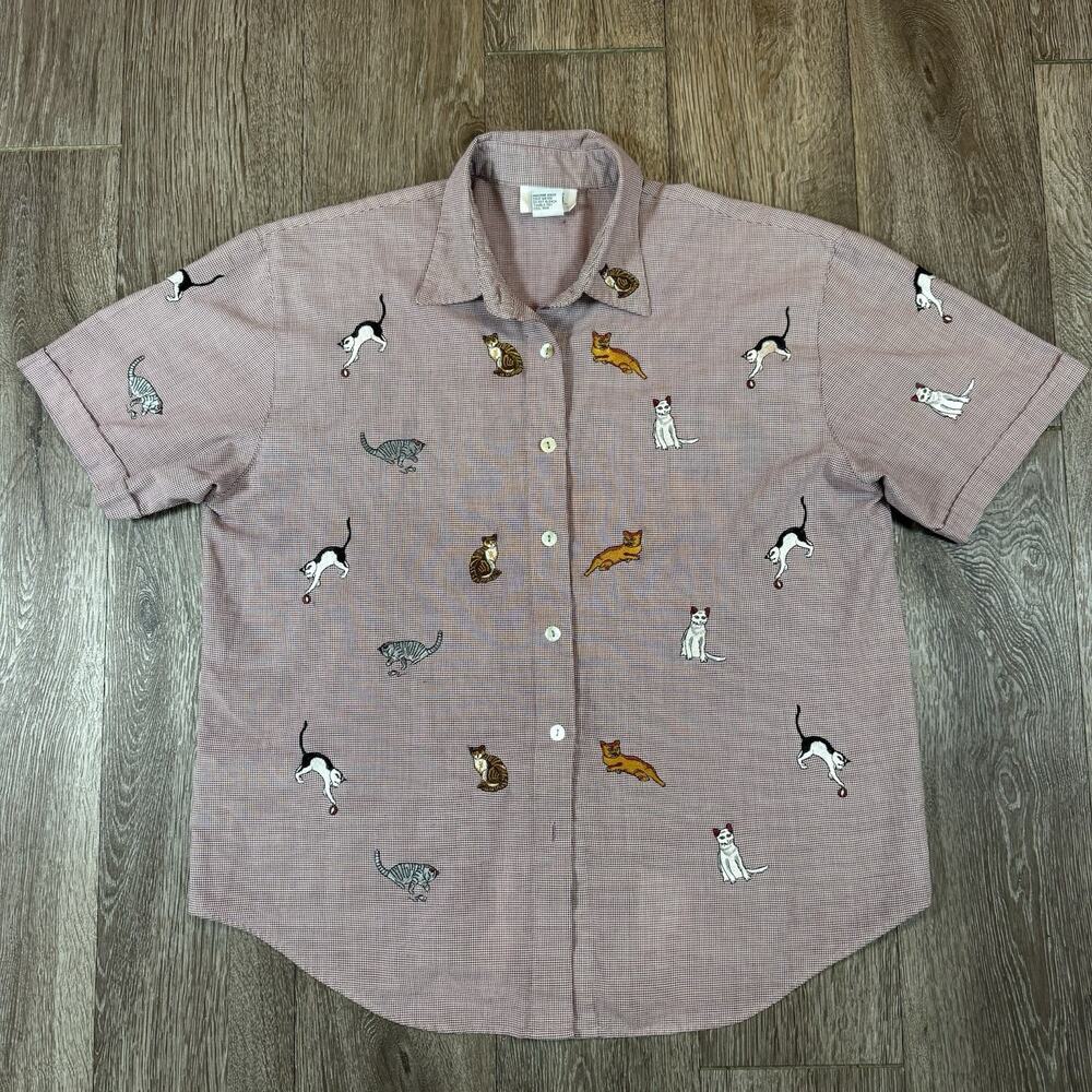 Read* Vintage 80s Teddi Shirt Womens Medium Embroidered Cat Check Button-Up